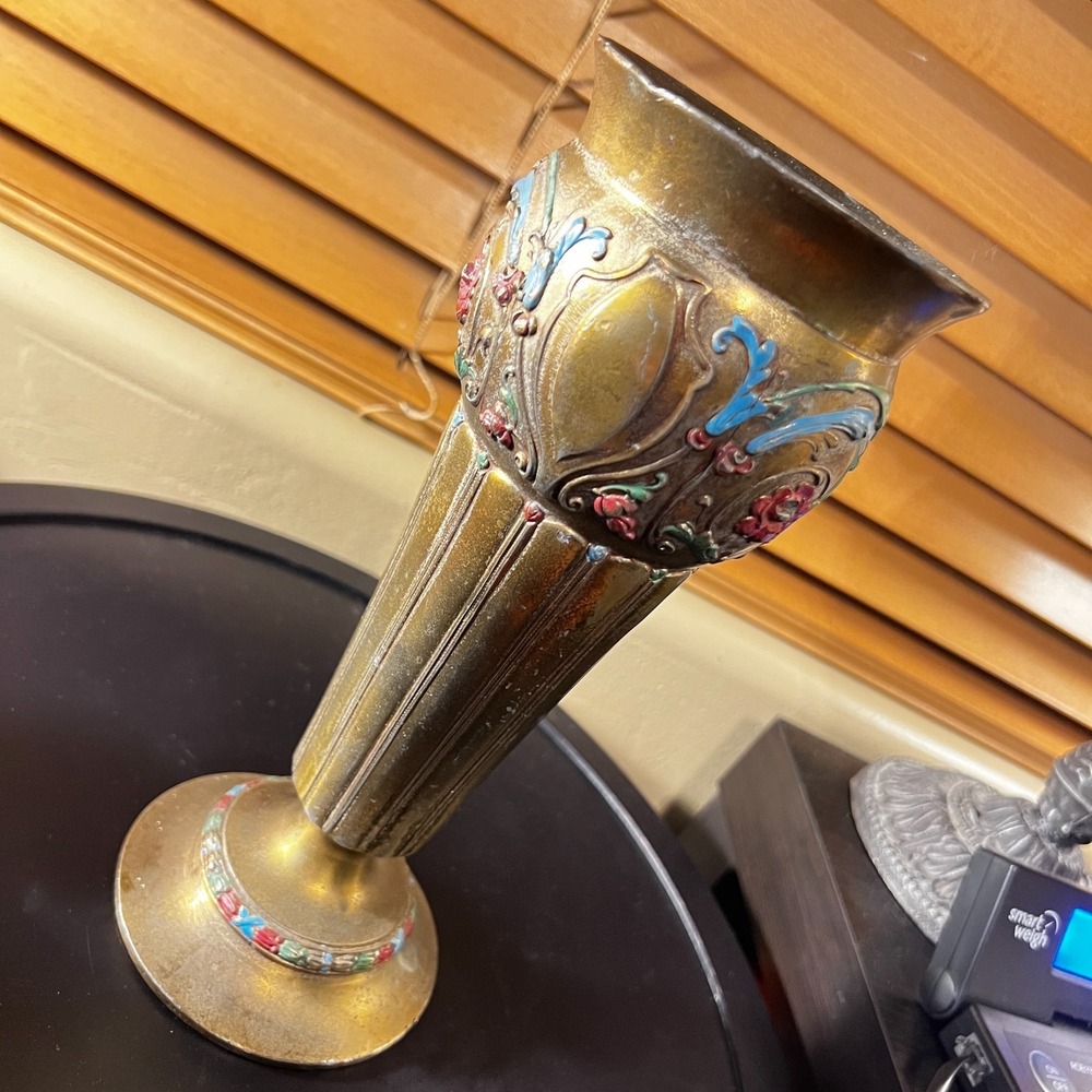 Vintage Etched Brass & Enamel Floral Vase Boho Decor 9.5 Inch Tall - Picture 10 of 15